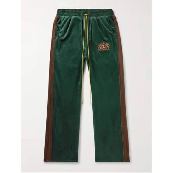 Men's Rhude NWT Forest Green Brown Crest Embroidered Velvet Track Pants Size L - Picture 1 of 6